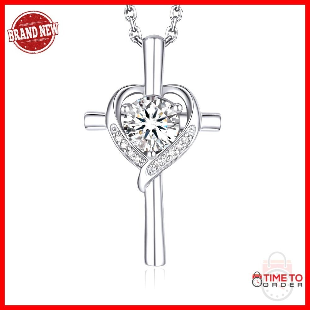 Sterling Silver Moissanite Cross Pendant Necklace, 18" Chain, Religious Gift